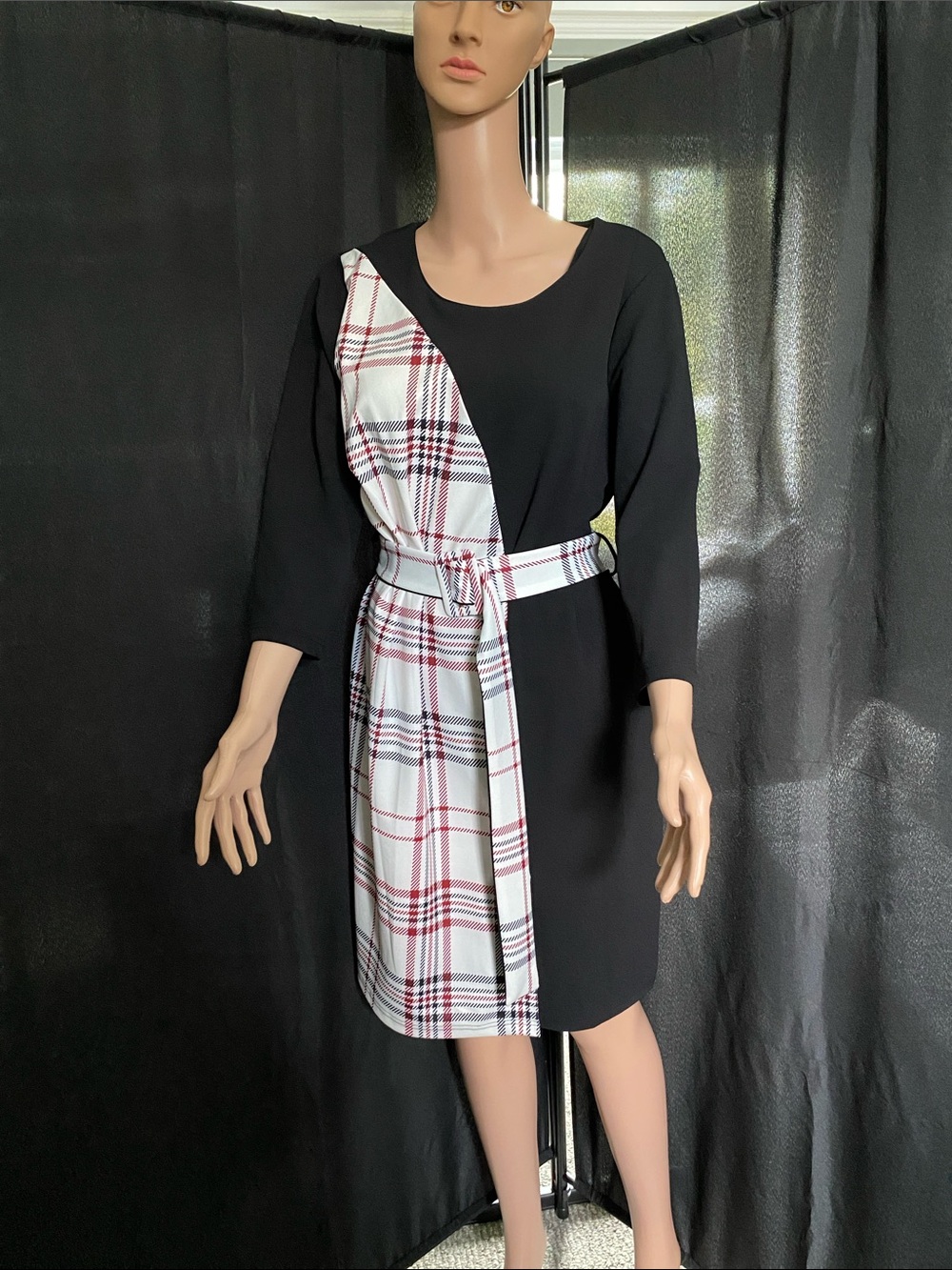 Black Dress with White & Red Plaid Panel - Women's Belted Dress